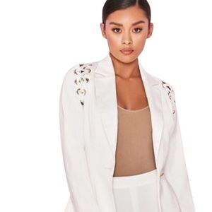 House of CB White Satin Lace Up Shoulder Detail Blazer, Size Medium